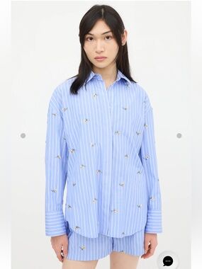 MSGM Blue/White Pinstripe Shirt & Short Set Embroidered Floral Cotton EUC - S